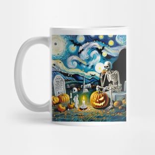 Night at the Cemetery with Skeleton and Pumpkin: Halloween in the style of Van Gogh Mug